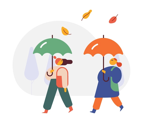 Temporada de otoño Lluvia de otoño Silueta de personas con paraguas vector plano