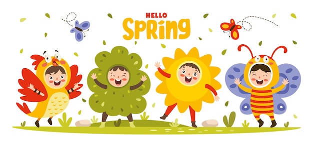 Vector temporada de primavera con niños de dibujos animados