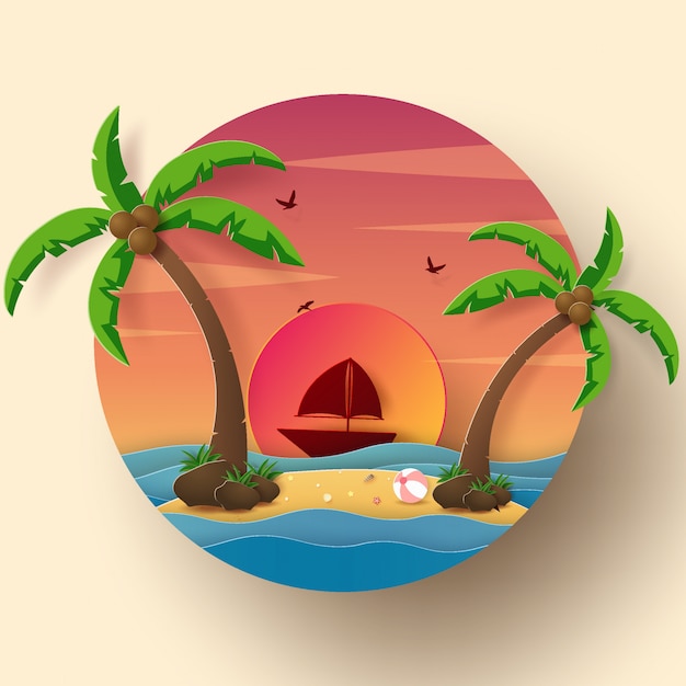 Temporada de verano estilo icono, barco en el océano con la isla