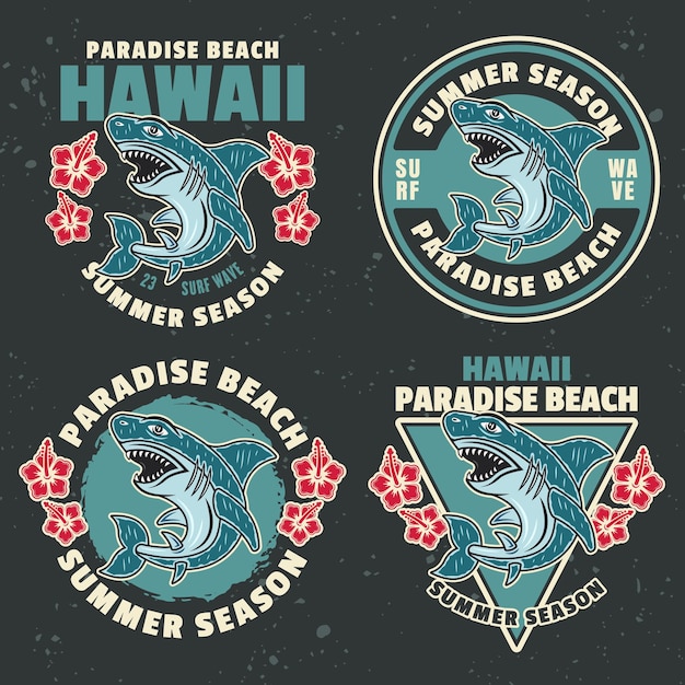 Temporada de verano hawaii paradise beach conjunto de emblemas vectoriales etiquetas insignias o logotipos en estilo coloreado con tiburón sobre fondo oscuro