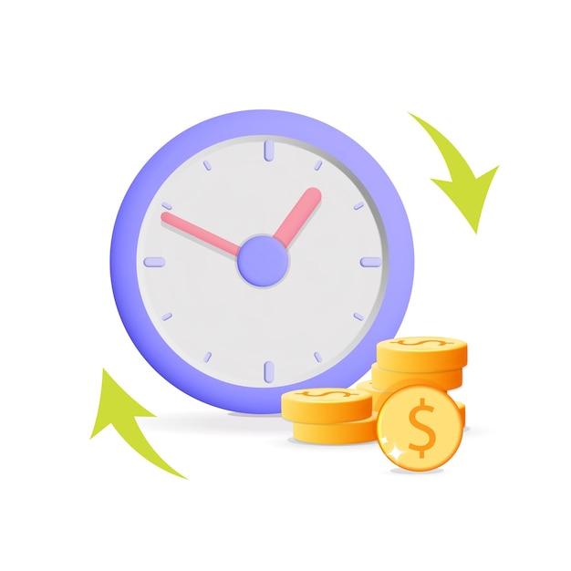 Temporizador de reloj de alarma de renderizado realista de vector 3d con pila de monedas y flecha El tiempo es banner de dinero