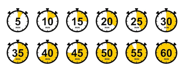 Temporizador, reloj, cronómetro iconos de conjunto aislados. Cuenta regresiva 10, 20, 30, 40, 50, 60 minutos.