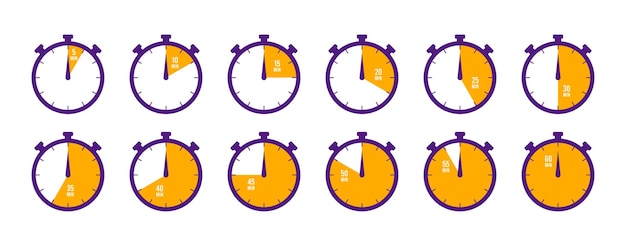 Vector temporizador, reloj, cronómetro iconos de conjunto aislados. cuenta regresiva 10, 20, 30, 40, 50, 60 minutos.