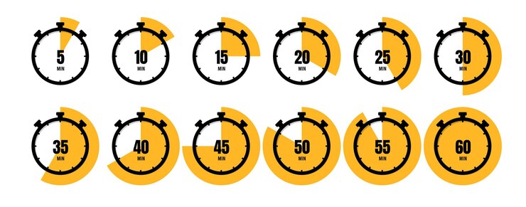 Vector temporizador, reloj, cronómetro iconos de conjunto aislados. cuenta regresiva 10, 20, 30, 40, 50, 60 minutos.