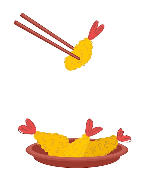Tempura de gambas furai Ebi en el plato con palillos Perfecto para el menú de carteles de tee e impresión Ilustración vectorial para decoración y diseño