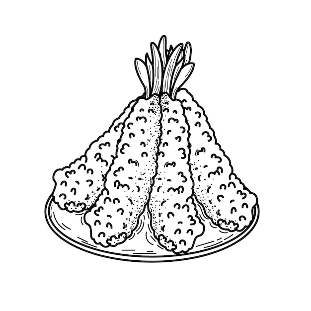 Tempura o camarones fritos con salsa Ilustración de vector de comida japonesa dibujada a mano