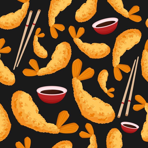 Tempura con salsa de patrones sin fisuras. Antecedentes asiáticos de comida rápida.