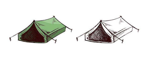 Tenda de campamento verde y monocromática dibujada a mano para el diseño de viajes en estilo vintage