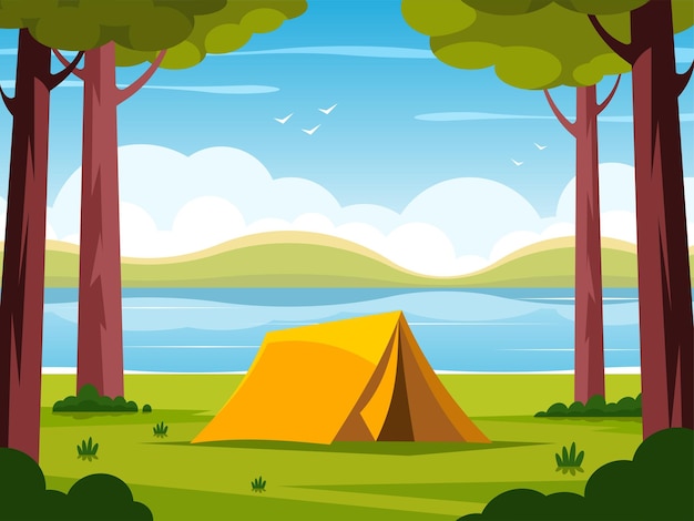 Tenda de pie en el césped cerca del río Paisaje de verano con árboles y vista al lago azul y acampada