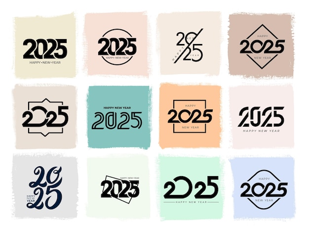 Vector tendencia 2025 diseño de texto del logotipo de año nuevo 2025 plantilla de diseño de números gran colección de 2025 símbolos de año novo feliz elementos de navidad ilustración vectorial diseño del logotipo del año nuevo en lienzo artístico