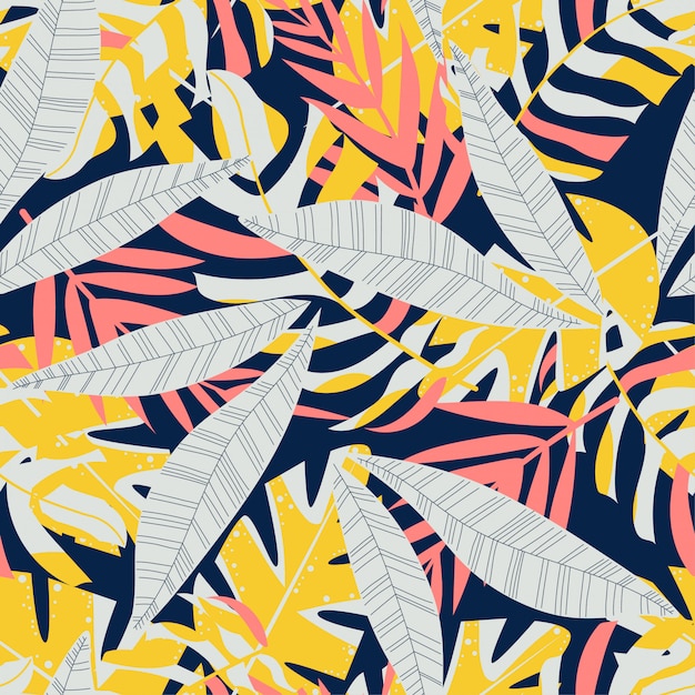 Tendencia abstracta de patrones sin fisuras con coloridas plantas y hojas tropicales