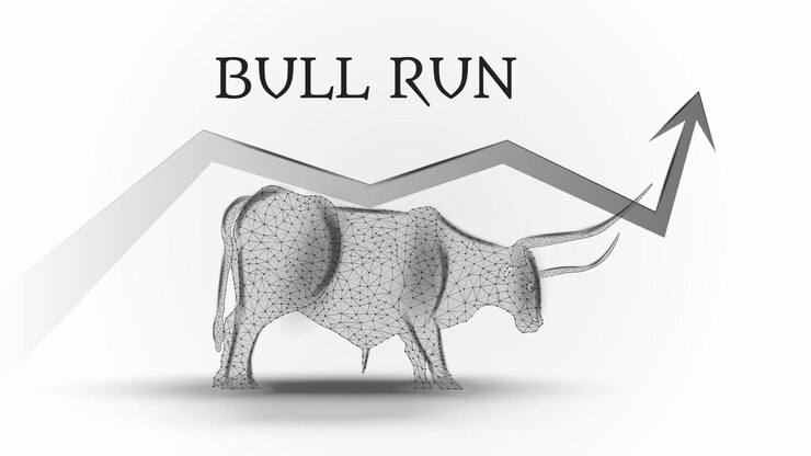 Vector tendencia alcista con un toro poligonal y una flecha hacia arriba sobre un fondo claro bull run en la bolsa de valores soporte alcista ilustración vectorial