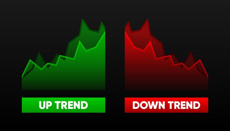 Vector tendencia hacia arriba y hacia abajo con flechas concepto de bolsa de valores comerciante ganancias y pérdidas flechas que simbolizan