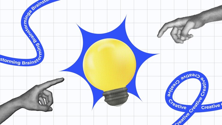 Vector la tendencia del collage de medio tono tormenta de ideas con una bombilla azul estelar y manos que apuntan