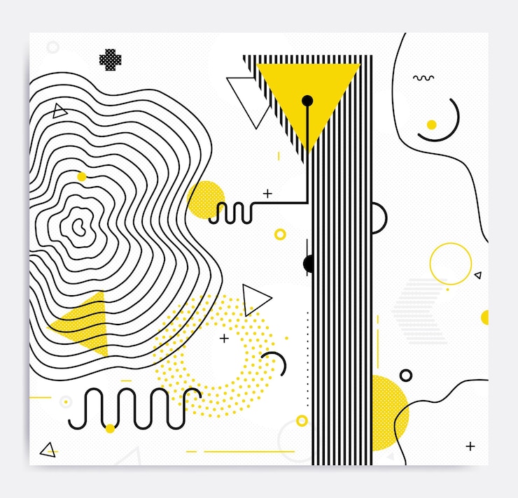 Vector tendencia colorida patrón geométrico de neo memphis yuxtapuesto con bloques brillantes y llamativos de zigzags de color, garabatos e imágenes erráticas. composición de elementos de fondo de diseño. revista, folleto, cartelera