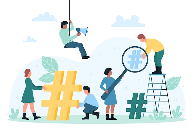 tendencia en línea estrategia de redes sociales personas pequeñas miran a través de la lupa en el hashtag