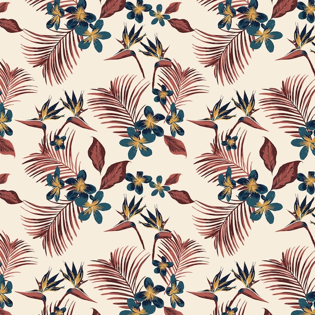 Tendencia de patrón sin costuras brillante con coloridas hojas tropicales corazón y plantas en fondo beige