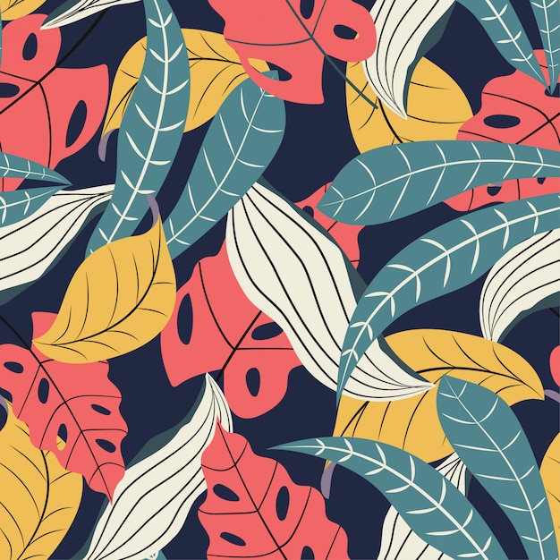 Tendencia de patrones sin fisuras con brillantes hojas y plantas tropicales