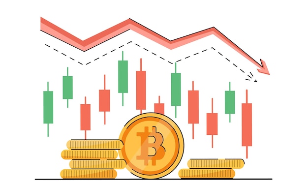 Tendencias a la baja de bitcoin y criptomonedas Ola de osos en el mercado de criptomonedas Aumento del precio de Bitcoin mercado bajista cripto tendencia a la baja flecha roja y vector de moneda aislado en blanco