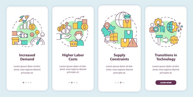 Tendencias macro en economía pantalla de aplicación móvil de incorporación Tutorial de trabajo empresarial Páginas de instrucciones gráficas de 4 pasos con conceptos lineales UI UX Plantilla de GUI Myriad ProBold Fuentes regulares utilizadas