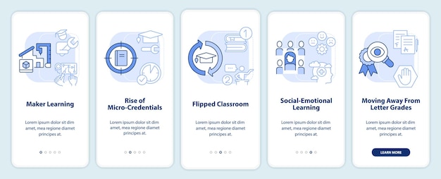 Tendencias en la pantalla de la aplicación móvil de incorporación azul claro de educación