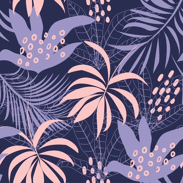 Tendencias de patrones sin fisuras abstractas con coloridas hojas y plantas tropicales sobre un fondo oscuro