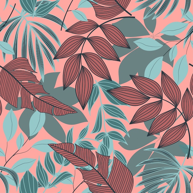 Tendencias de patrones sin fisuras abstractas con coloridas hojas tropicales y plantas en rosa