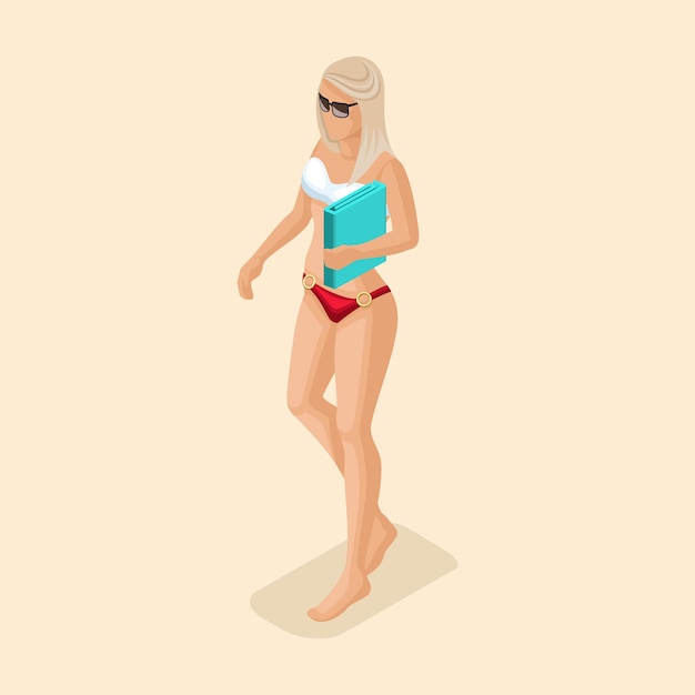 Tendencias de personas isométricas 3d chica sexy en traje de baño caminando en la playa