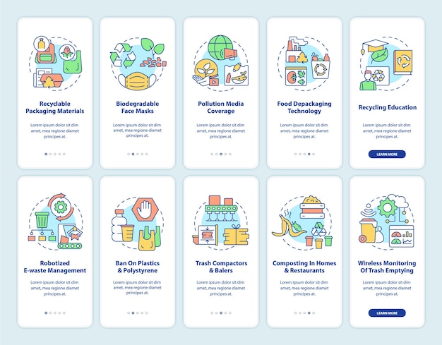 Tendencias de protección de la naturaleza que incorporan el conjunto de pantallas de la página de la aplicación móvil. Tutorial de reducción de la contaminación Instrucciones gráficas de 10 pasos con conceptos. UI, UX, plantilla de vector GUI con ilustraciones en colores lineales