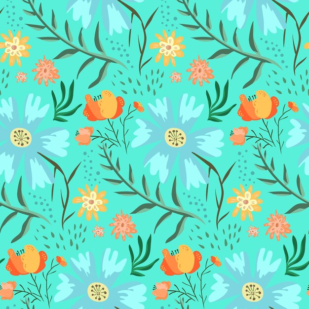 Vector tender azul y verde floral verano patrón sin costuras con acento rosas rojas. textura suave dibujada a mano con flores lindas, hojas, gotas de agua para textil, papel de embalaje, diseño de impresión, papel pintado