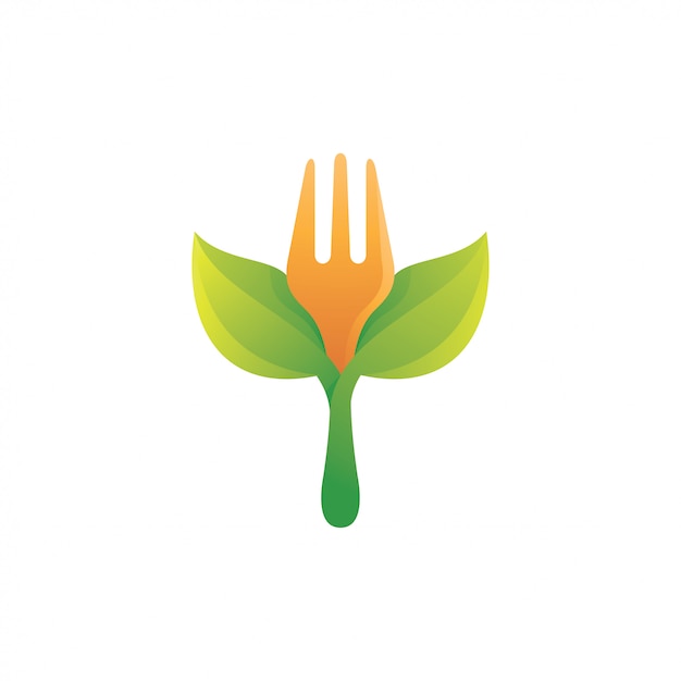 Tenedor de alimentos y logotipo de hoja verde