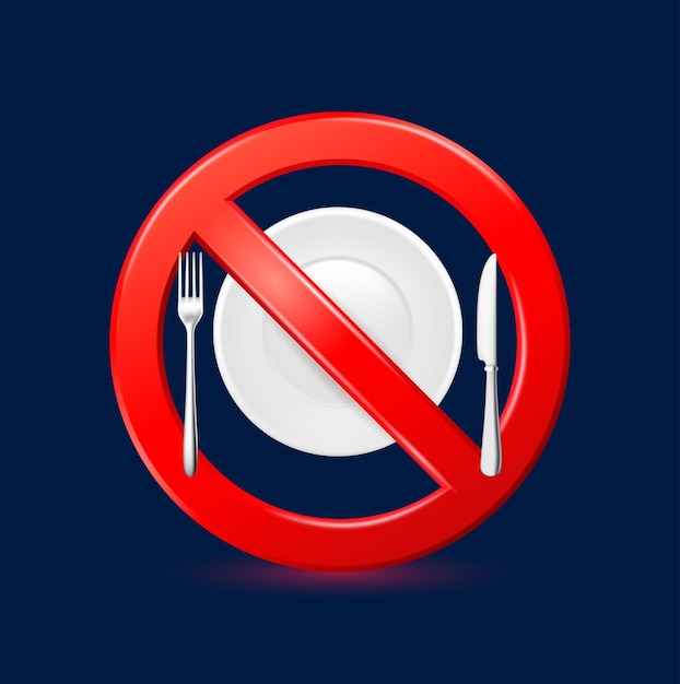 Tenedor de cuchara dentro de la señal roja prohibida No comer o señal de prohibición de restaurante 3D aislado