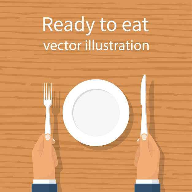 Tenedor cuchillo en mano hombre. Sentado en una mesa de madera con un plato vacío. Plantilla para diseño. Concepto listo para comer. Agrupar capas. Vista superior. Estilo plano de ilustración vectorial. Aislado en el fondo.