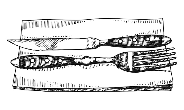 Tenedor y cuchillo yacen en una servilleta Dibujo a mano dibujo vectorial