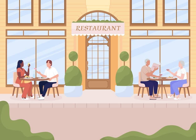 Tener una cena acogedora en la terraza del restaurante ilustración de vector de color plano