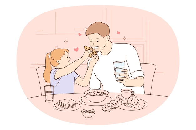 Tener comida con el concepto de familia feliz sonriente padre e hija sentados y comiendo croissants y desayuno saludable juntos ilustración vectorial