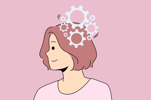 Tener idea y concepto de creatividad Joven mujer sonriente de pie con engranajes trabajando en la cabeza