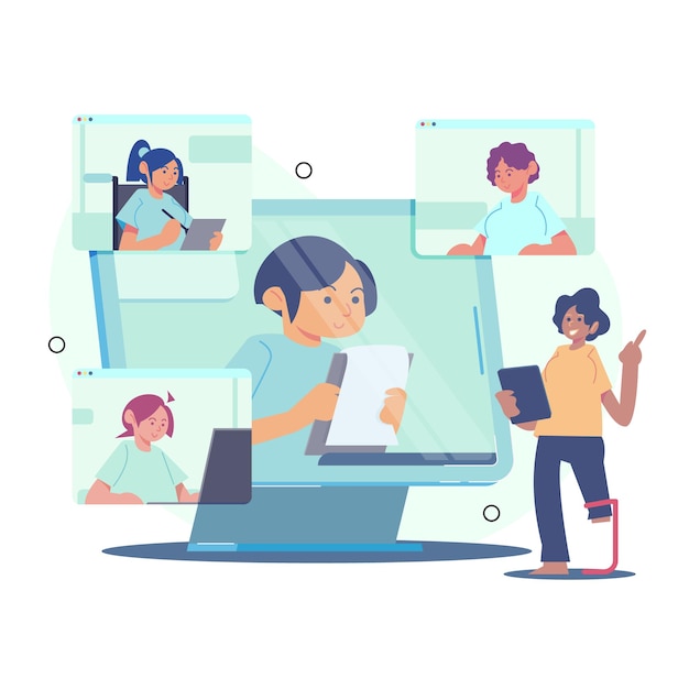 Tener una reunión de negocios reuniones virtuales personas con discapacidad vector flat illustration