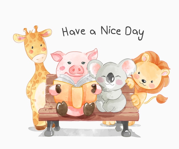 Tenga un lema de buen día con animales lindos en una ilustración de banco