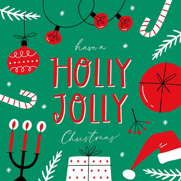 Vector tenga una tarjeta de felicitación de navidad holly jolly con letras modernas escritas a mano