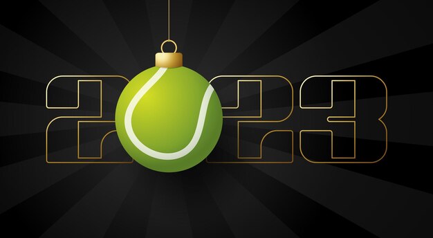 Tenis 2023 Feliz Año Nuevo Tarjeta de felicitación deportiva con pelota de tenis en el fondo de lujo Ilustración vectorial