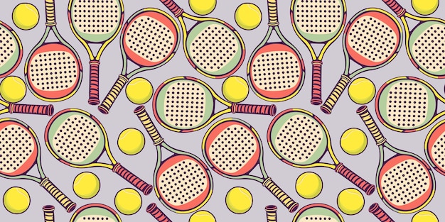 Tenis de padel Raquetas de padel y bolas de tenis con patrón sin costuras vectorial