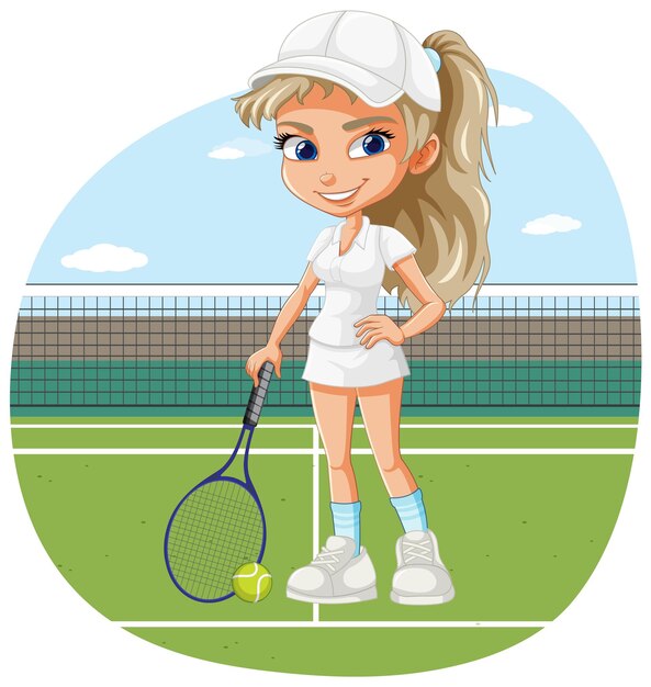 Vector tenista femenina en el fondo del campo de tenis aislado