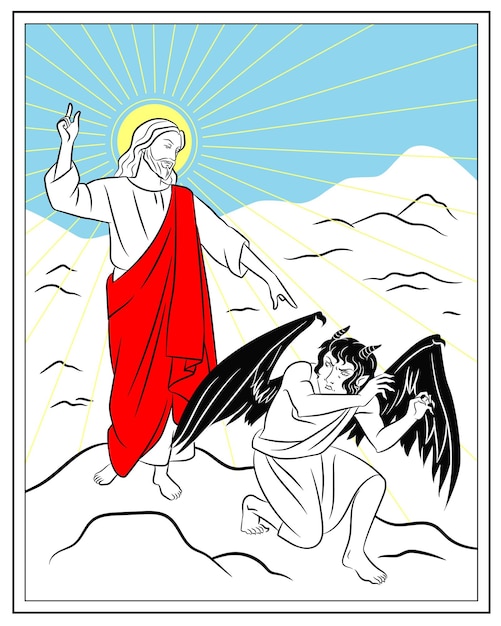 Tentación de jesús en la ilustración de vector de arte de línea de desierto