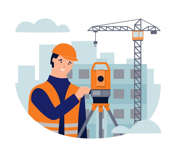 Vector teodolito agrimensor casa en construcción y grúa de construcción obras geodésicas