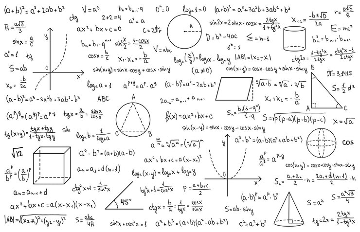 Vector teoría matemática y fórmula matemática símbolos escritos a mano aislados en fondo blanco con fórmulas dibujadas a mano utilizadas para la educación escolar y el papeleo ilustración vectorial