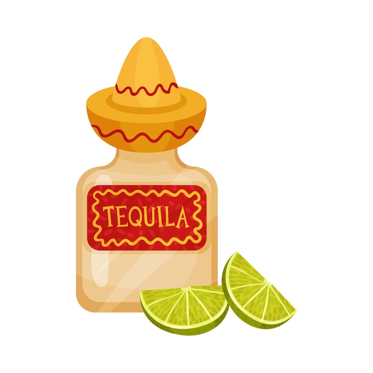 Vector tequila mexicana en botella de plástico y rodajas de cal ilustración vectorial del concepto tradicional de la bebida mexicana