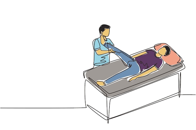 Terapeuta de dibujo de una sola línea que ayuda a levantar la pierna para el ejercicio Tratamiento de terapia física