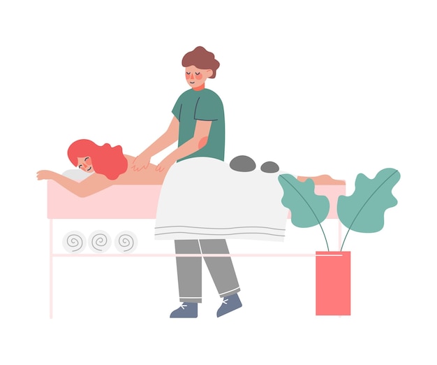 Terapeuta haciendo masaje a una mujer joven acostada en la mesa chica relajándose reduciendo y manejando el estrés Ilustración vectorial de estilo dibujos animados