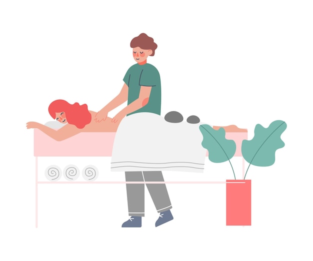 Vector terapeuta haciendo masaje a una mujer joven acostada en la mesa chica relajándose reduciendo y manejando el estrés ilustración vectorial de estilo dibujos animados